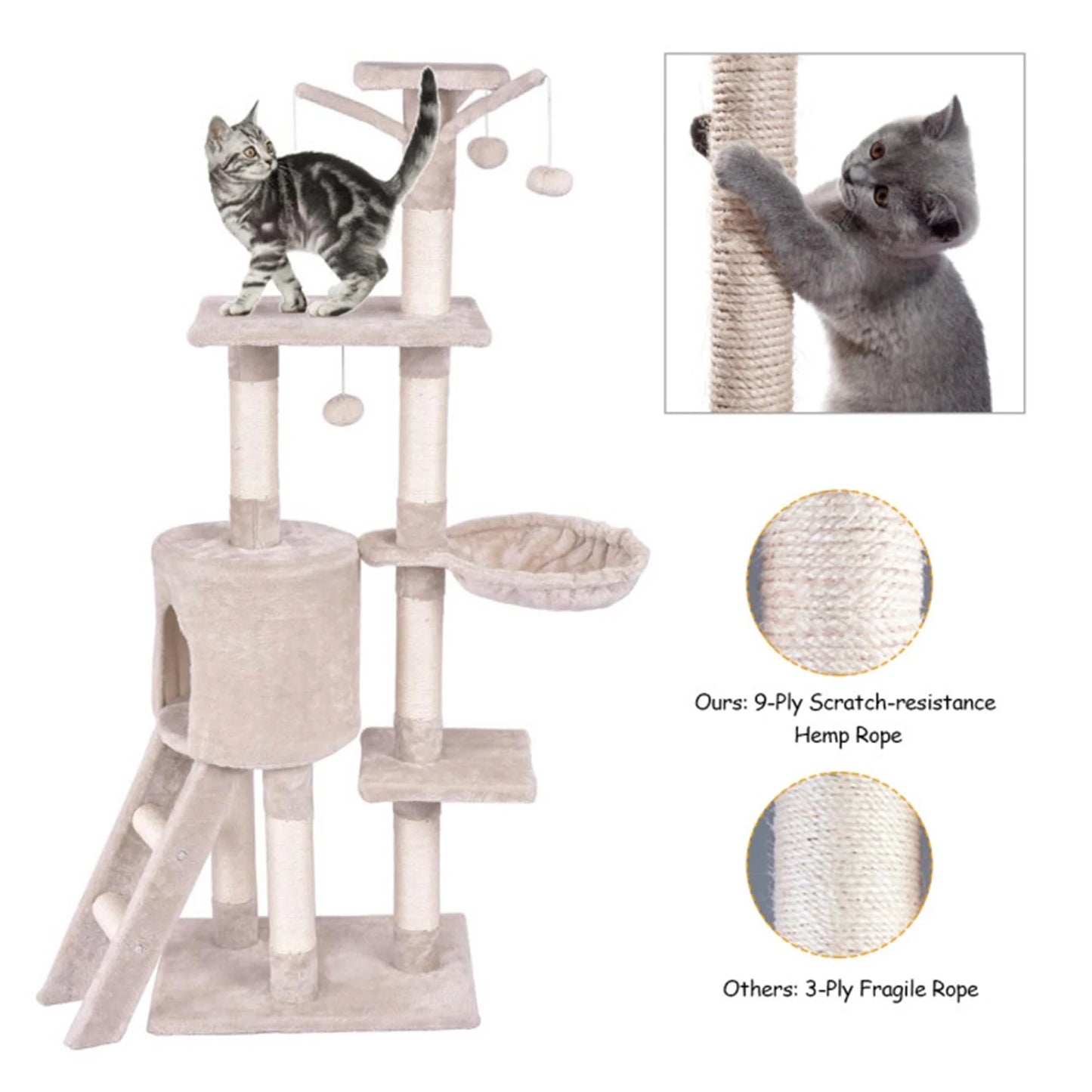 57" 4 Levels Platform Cat Tree House, Cat Condo for Large Cats with Fully Scratching Posts, Cat Tower for Indoor, Beige