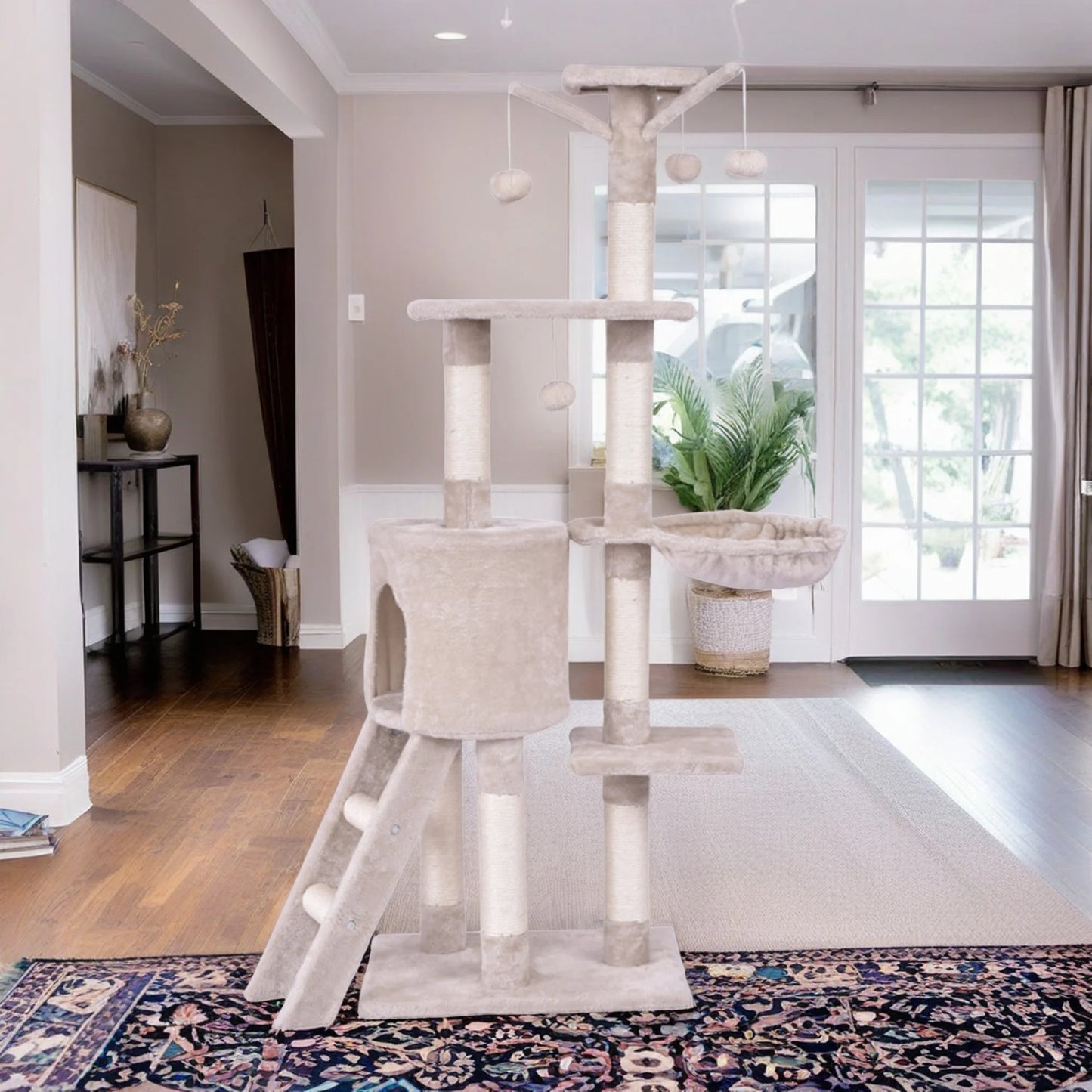 57" 4 Levels Platform Cat Tree House, Cat Condo for Large Cats with Fully Scratching Posts, Cat Tower for Indoor, Beige