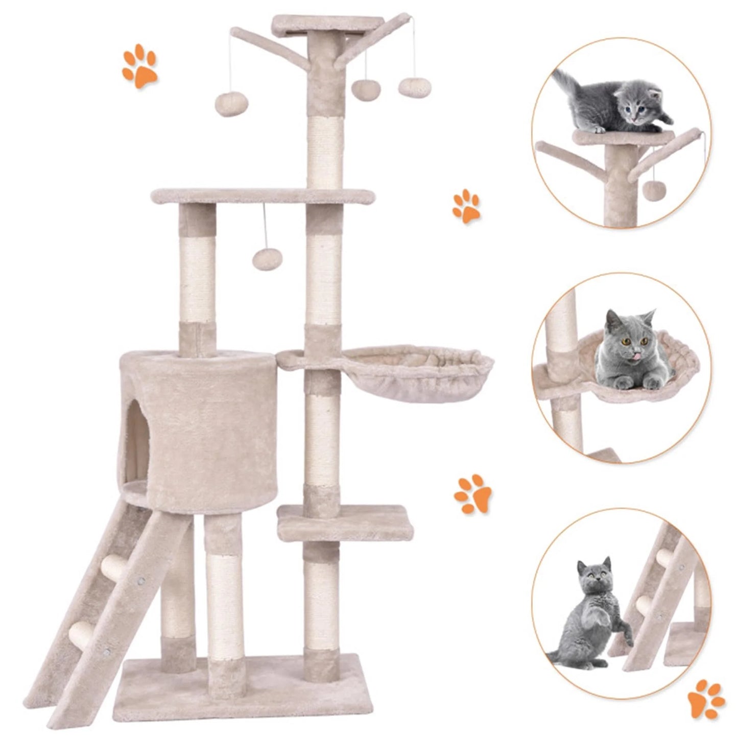 57" 4 Levels Platform Cat Tree House, Cat Condo for Large Cats with Fully Scratching Posts, Cat Tower for Indoor, Beige