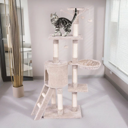 57" 4 Levels Platform Cat Tree House, Cat Condo for Large Cats with Fully Scratching Posts, Cat Tower for Indoor, Beige