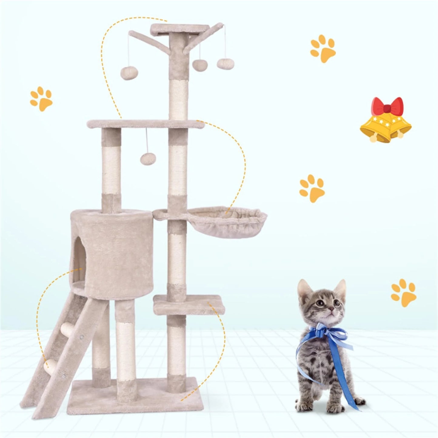 57" 4 Levels Platform Cat Tree House, Cat Condo for Large Cats with Fully Scratching Posts, Cat Tower for Indoor, Beige