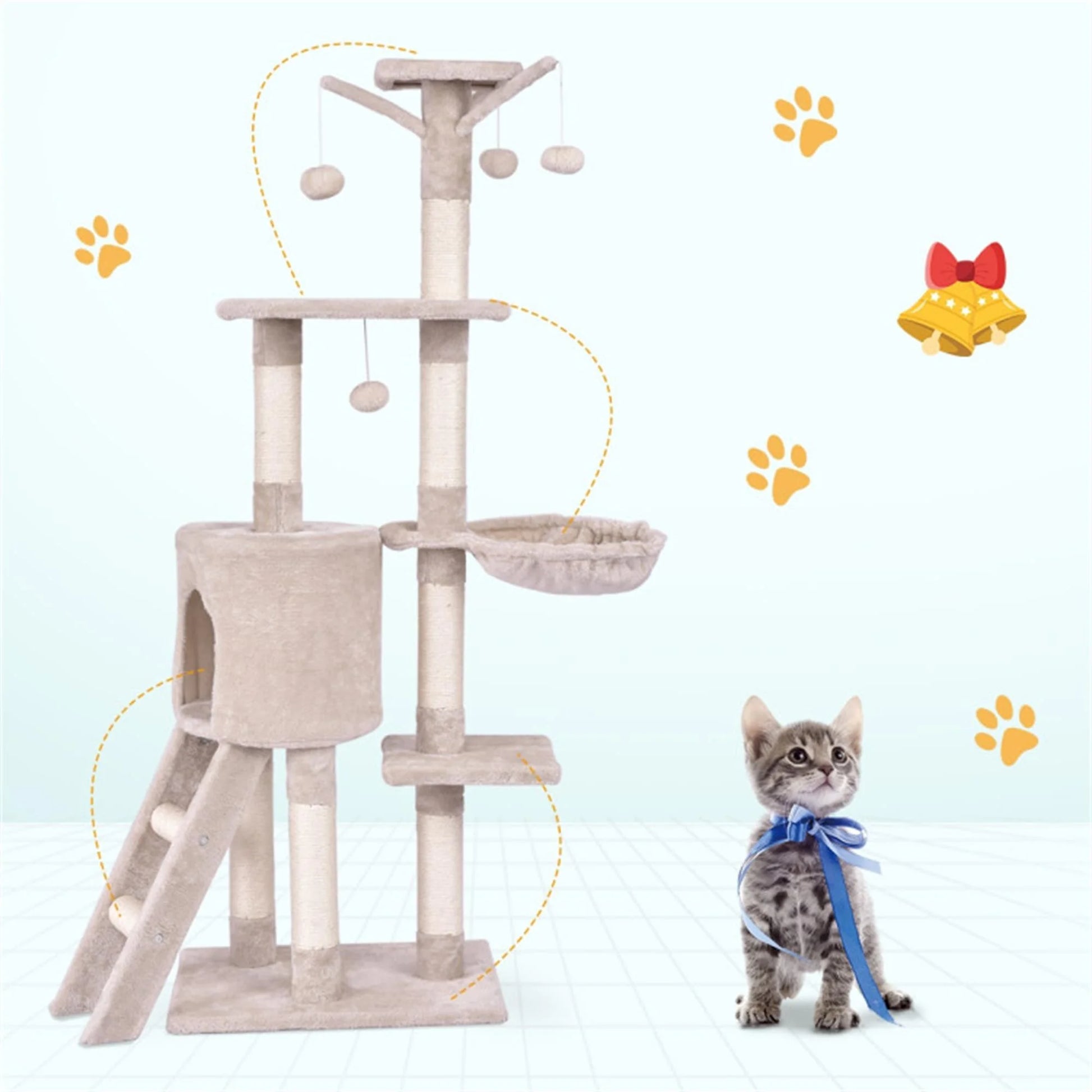 57" 4 Levels Platform Cat Tree House, Cat Condo for Large Cats with Fully Scratching Posts, Cat Tower for Indoor, Beige