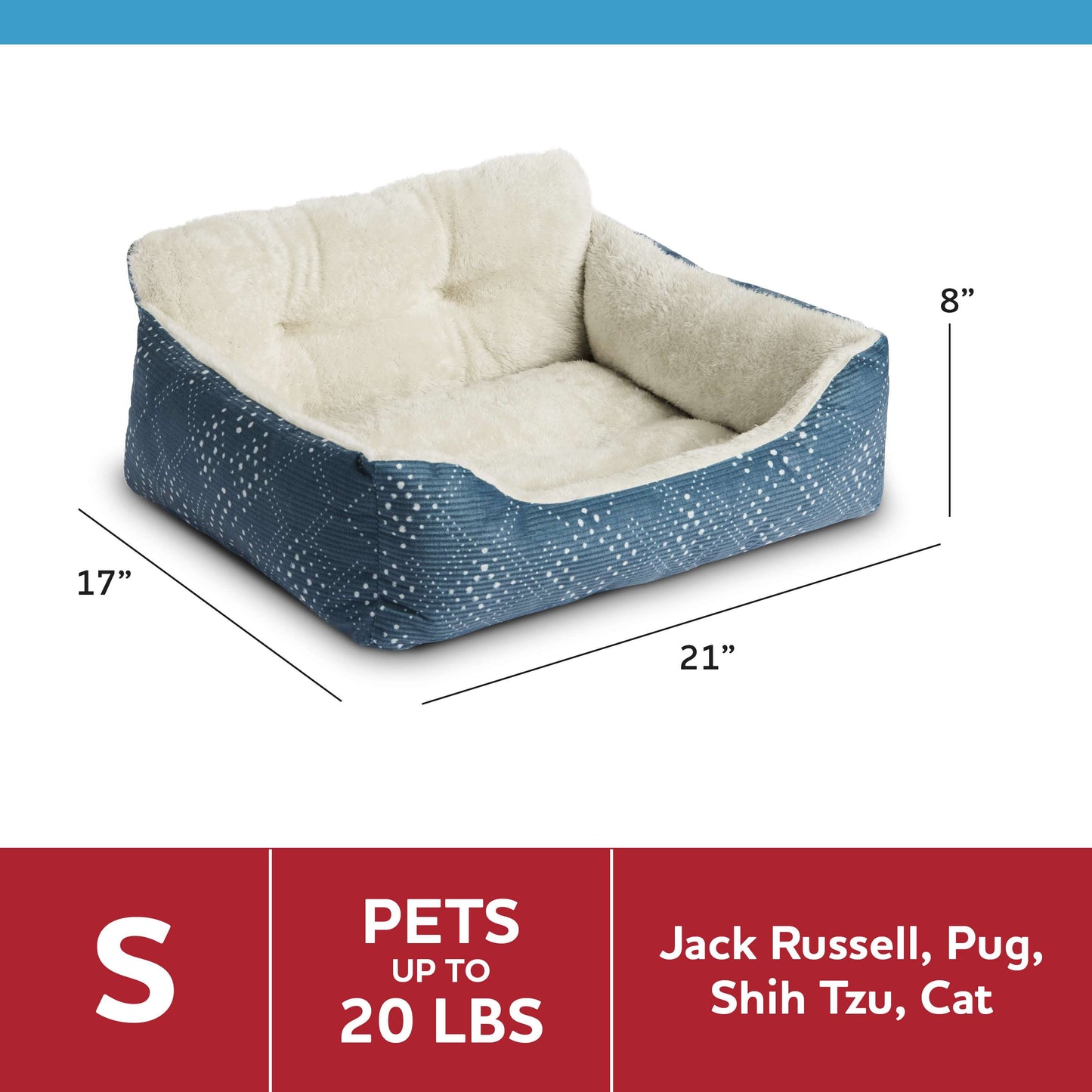 Puppy Dog Bed, Plush Bolster Dog for Small Dogs, Small, 21" X 17", Blue